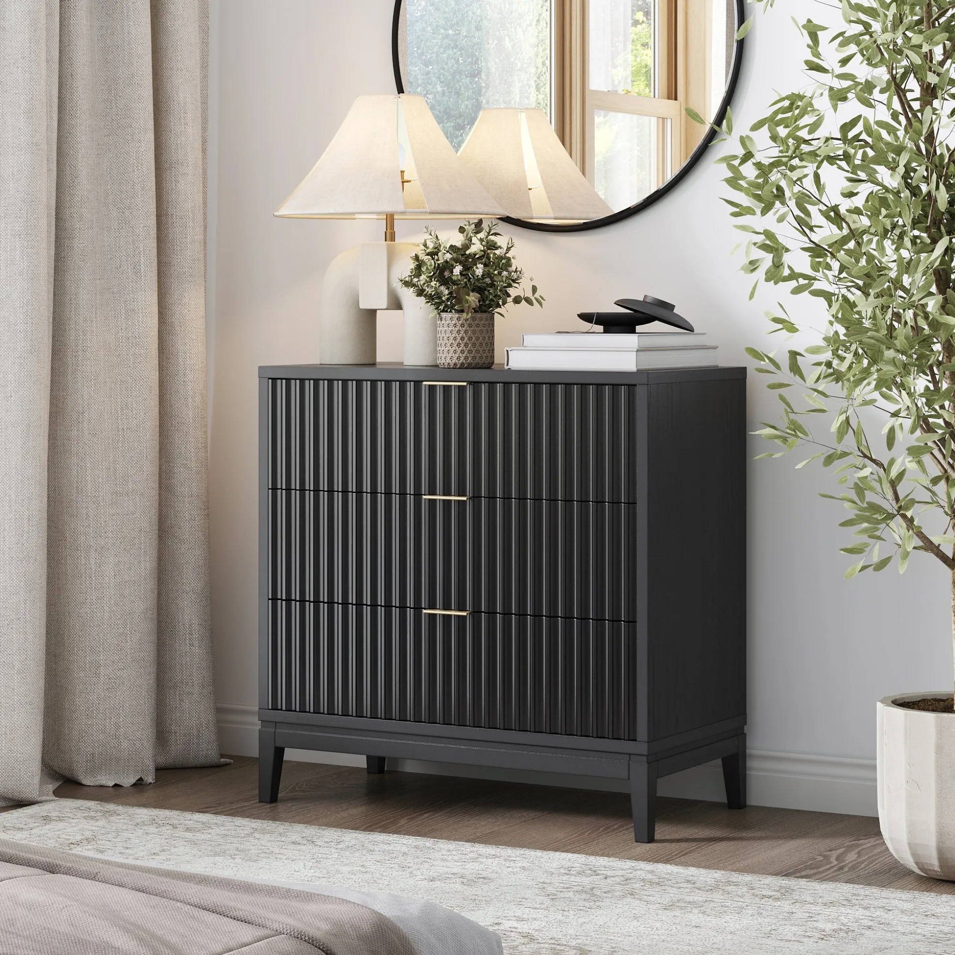 Mid-Century Fluted 3-Drawer Dresser Black Oak