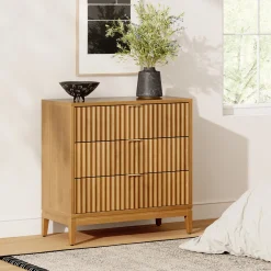 Mid-Century Fluted 3-Drawer Dresser Warm Pine