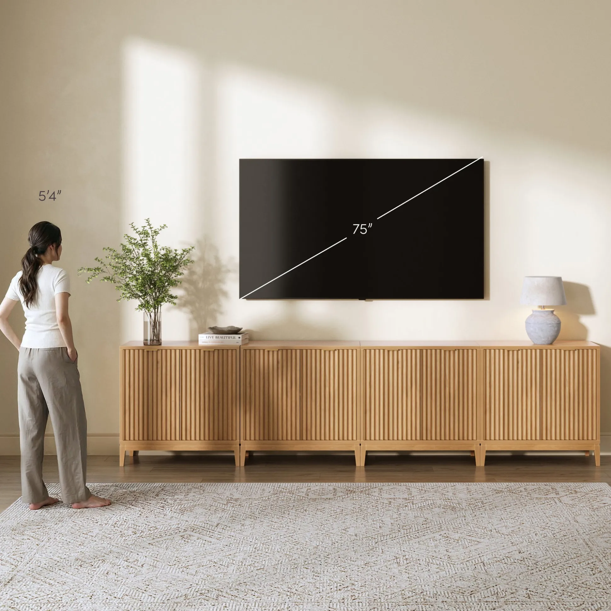 Mid-Century Fluted for TVs up to 100" Console Warm Pine