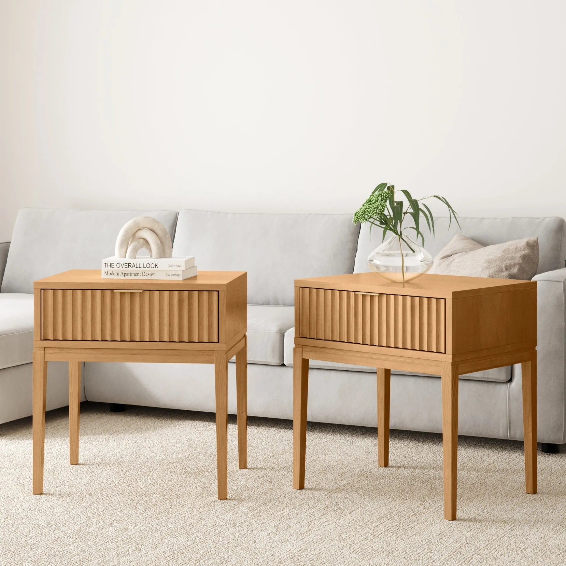 Mid-Century Fluted Nightstands Warm Pine (Set of 2)