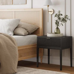 Mid-Century Fluted Nightstand Black Oak