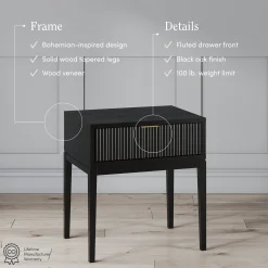 Mid-Century Fluted Nightstand Black Oak