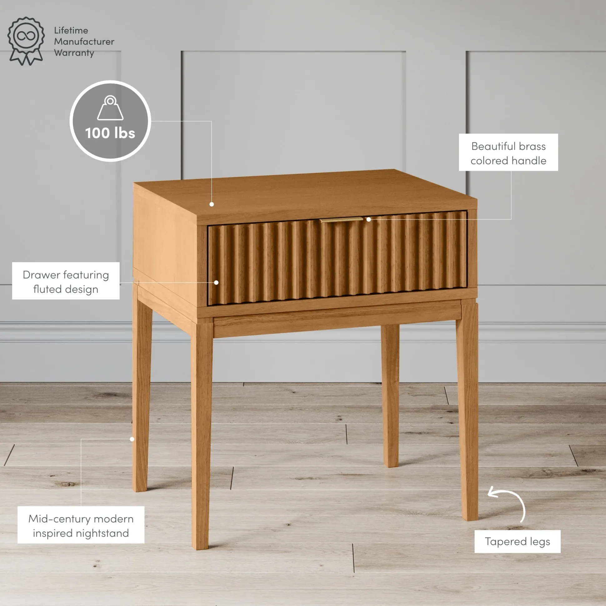 Mid-Century Fluted Nightstand Warm Pine