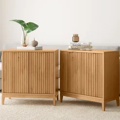 Mid-Century Fluted Storage Cabinet Credenza Warm Pine (Set of 2)
