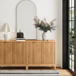 Mid-Century Fluted Storage Cabinet Credenza Warm Pine (Set of 2)