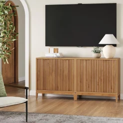 Mid-Century Fluted Storage Cabinet Credenza Warm Pine (Set of 2)