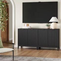 Mid-Century Fluted Storage Cabinet Credenza Black Oak (Set of 2)