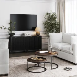 Mid-Century Fluted Storage Cabinet Credenza Black Oak (Set of 2)