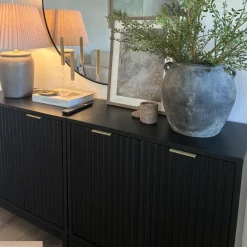 Mid-Century Fluted Storage Cabinet Credenza Black Oak (Set of 2)