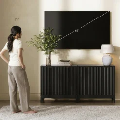 Mid-Century Fluted Storage Cabinet Credenza Black Oak (Set of 2)