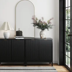 Mid-Century Fluted Storage Cabinet Credenza Black Oak (Set of 2)