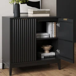 Mid-Century Fluted Storage Cabinet Credenza Black Oak (Set of 2)