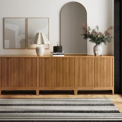 Mid-Century Fluted Storage Cabinet Credenza Warm Pine (Set of 3)