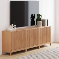 Mid-Century Fluted Storage Cabinet Credenza Warm Pine (Set of 3)