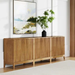 Mid-Century Fluted Storage Cabinet Credenza Light Brown (Set of 3)