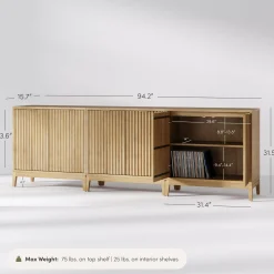 Mid-Century Fluted Storage Cabinet Credenza Light Brown (Set of 3)