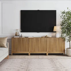 Mid-Century Fluted Storage Cabinet Credenza Light Brown (Set of 3)