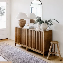 Mid-Century Fluted Storage Cabinet Credenza Light Brown (Set of 3)