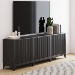 Mid-Century Fluted Storage Cabinet Credenza Black Oak (Set of 3)