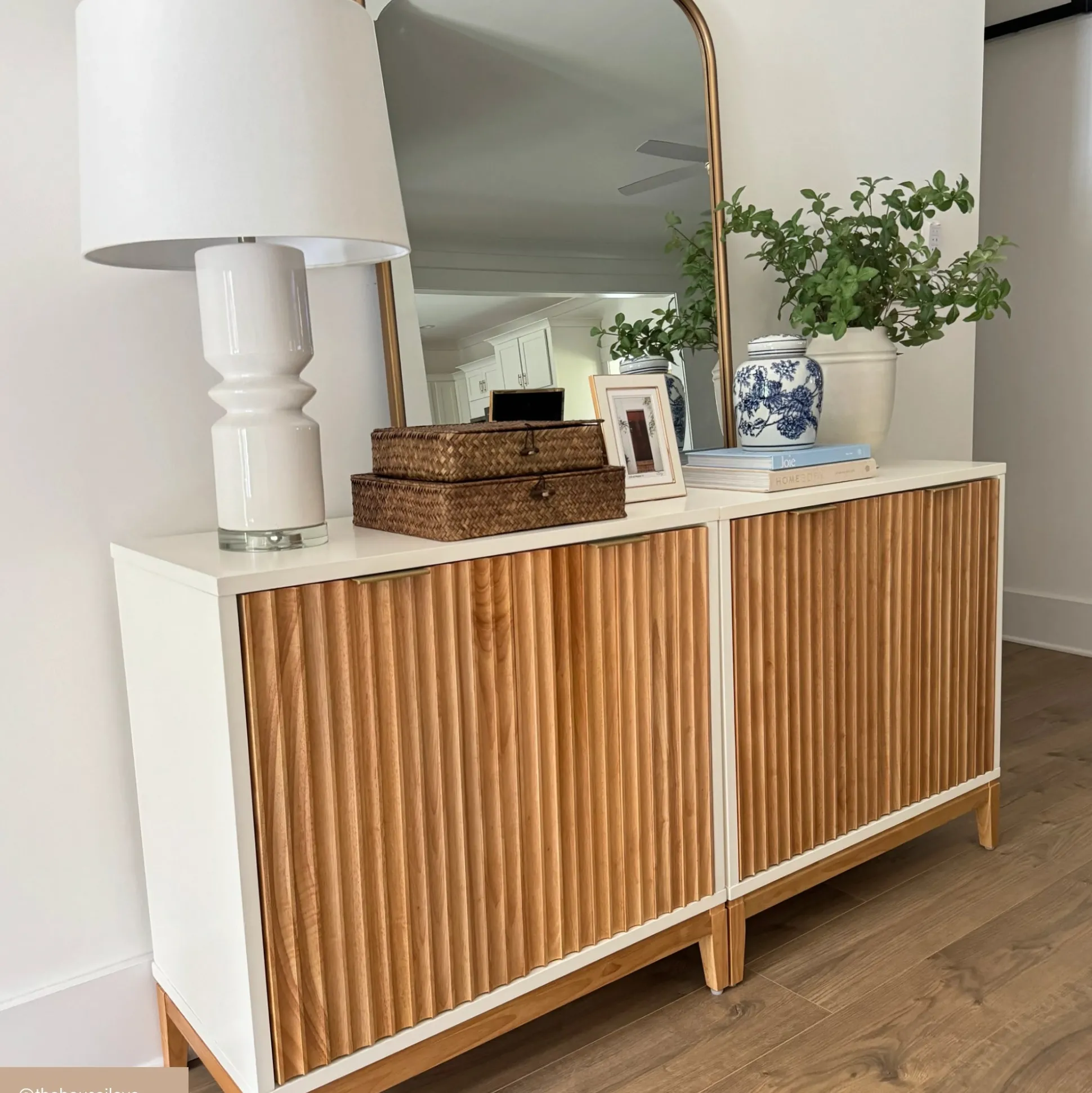 Mid-Century Fluted Storage Cabinet Warm White Warm Pine