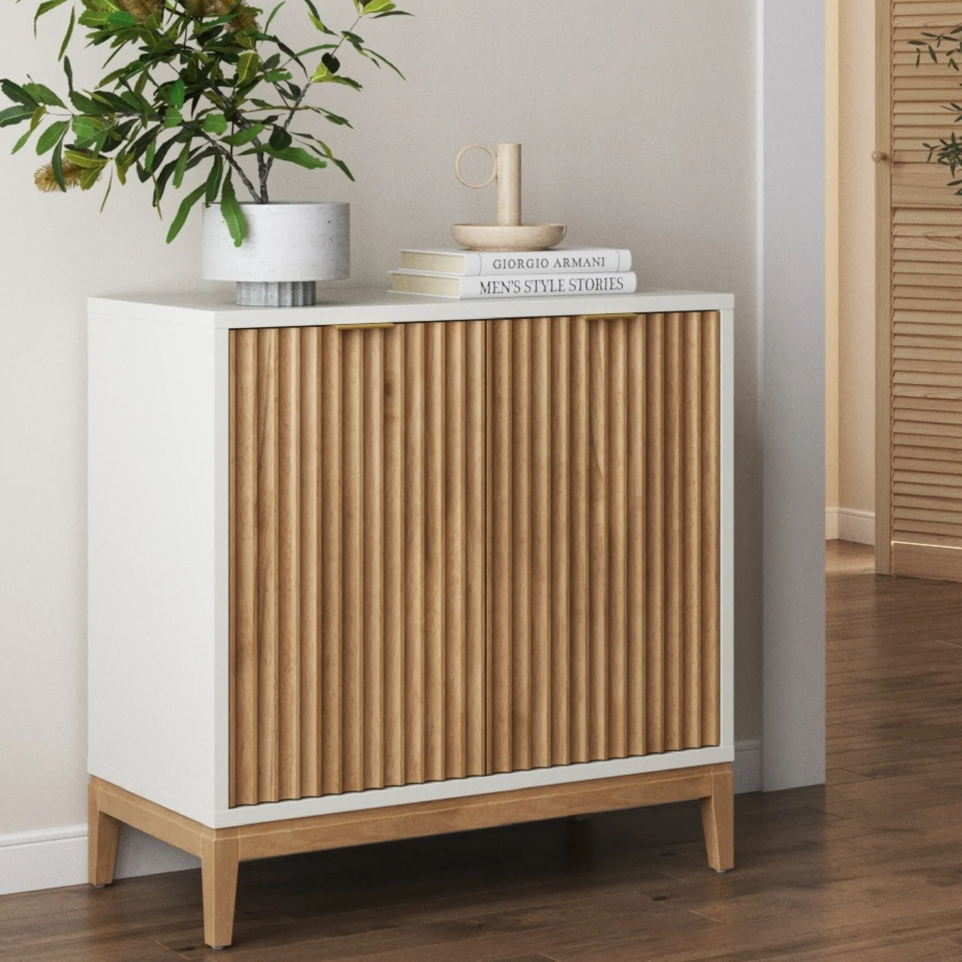 Mid-Century Fluted Storage Cabinet Warm White Warm Pine