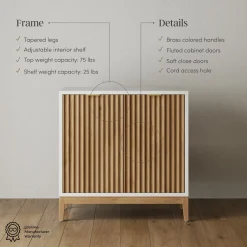 Mid-Century Fluted Storage Credenza Warm White Warm Pine (Set of 2)