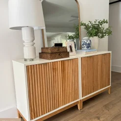 Mid-Century Fluted Storage Credenza Warm White Warm Pine (Set of 2)