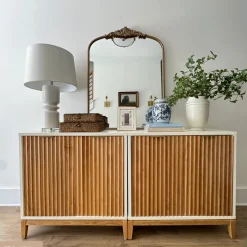 Mid-Century Fluted Storage Credenza Warm White Warm Pine (Set of 3)