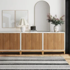 Mid-Century Fluted Storage Credenza Warm White Warm Pine (Set of 3)