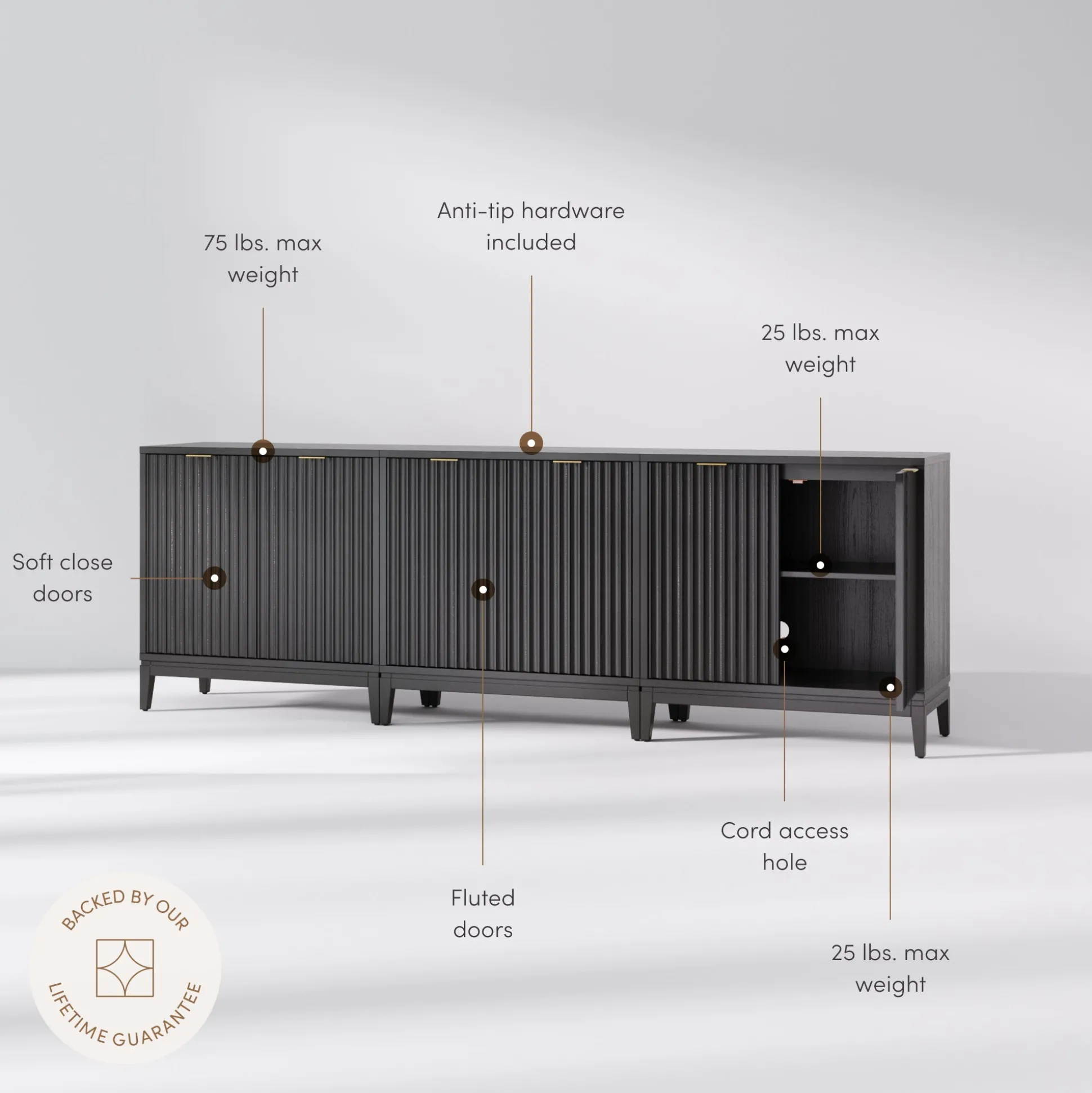 Mid-Century Fluted TV Console for TVs up to 75" Black