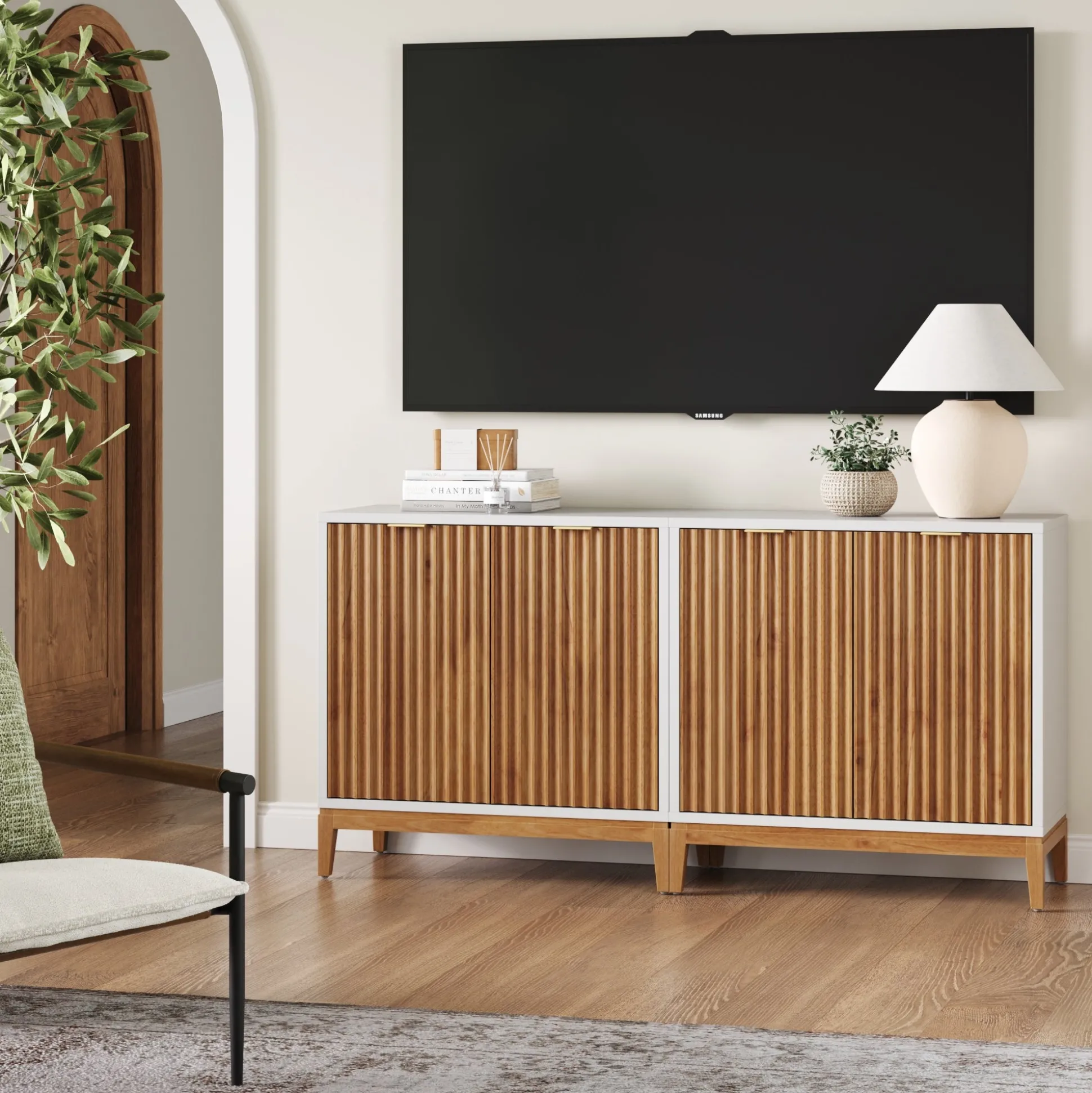 Mid-Century Fluted TV Console for TVs up to 65" White