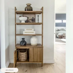 Mid-Century Fluted Wall Bookshelves with Doors Light Brown (Set of 2)