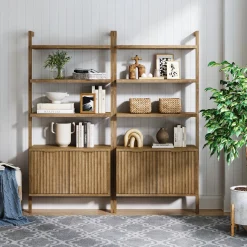 Mid-Century Fluted Wall Bookshelves with Doors Light Brown (Set of 2)