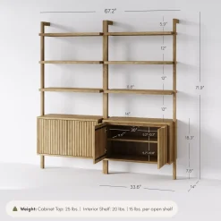 Mid-Century Fluted Wall Bookshelves with Doors Light Brown (Set of 2)