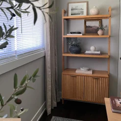 Mid-Century Fluted Wall Bookshelves with Doors Warm Pine (Set of 2)