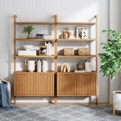 Mid-Century Fluted Wall Bookshelves with Doors Warm Pine (Set of 2)