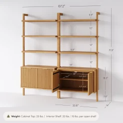Mid-Century Fluted Wall Bookshelves with Doors Warm Pine (Set of 2)