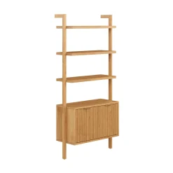 Mid-Century Fluted Wall Bookshelves with Doors Warm Pine (Set of 2)
