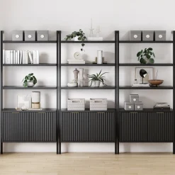 Mid-Century Fluted Wall Bookshelves with Doors Black (Set of 3)