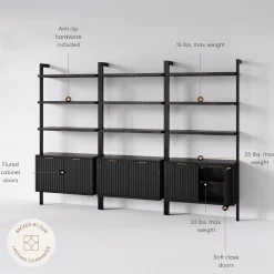 Mid-Century Fluted Wall Bookshelves with Doors Black (Set of 3)