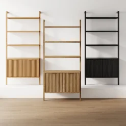 Mid-Century Fluted Wall Bookshelves with Doors Black (Set of 3)