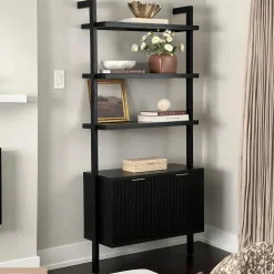 Mid-Century Fluted Wall Bookshelves with Doors Black (Set of 3)