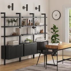 Mid-Century Fluted Wall Bookshelves with Doors Black (Set of 3)