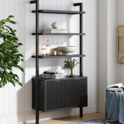 Mid-Century Fluted Wall Bookshelf with Doors Black