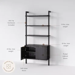 Mid-Century Fluted Wall Bookshelf with Doors Black