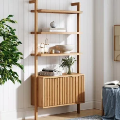 Mid-Century Fluted Wall Bookshelf with Doors Warm Pine