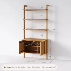 Mid-Century Fluted Wall Bookshelf with Doors Warm Pine