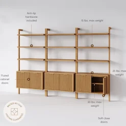 Mid-Century Fluted Wall Bookshelves with Doors Warm Pine (Set of 3)