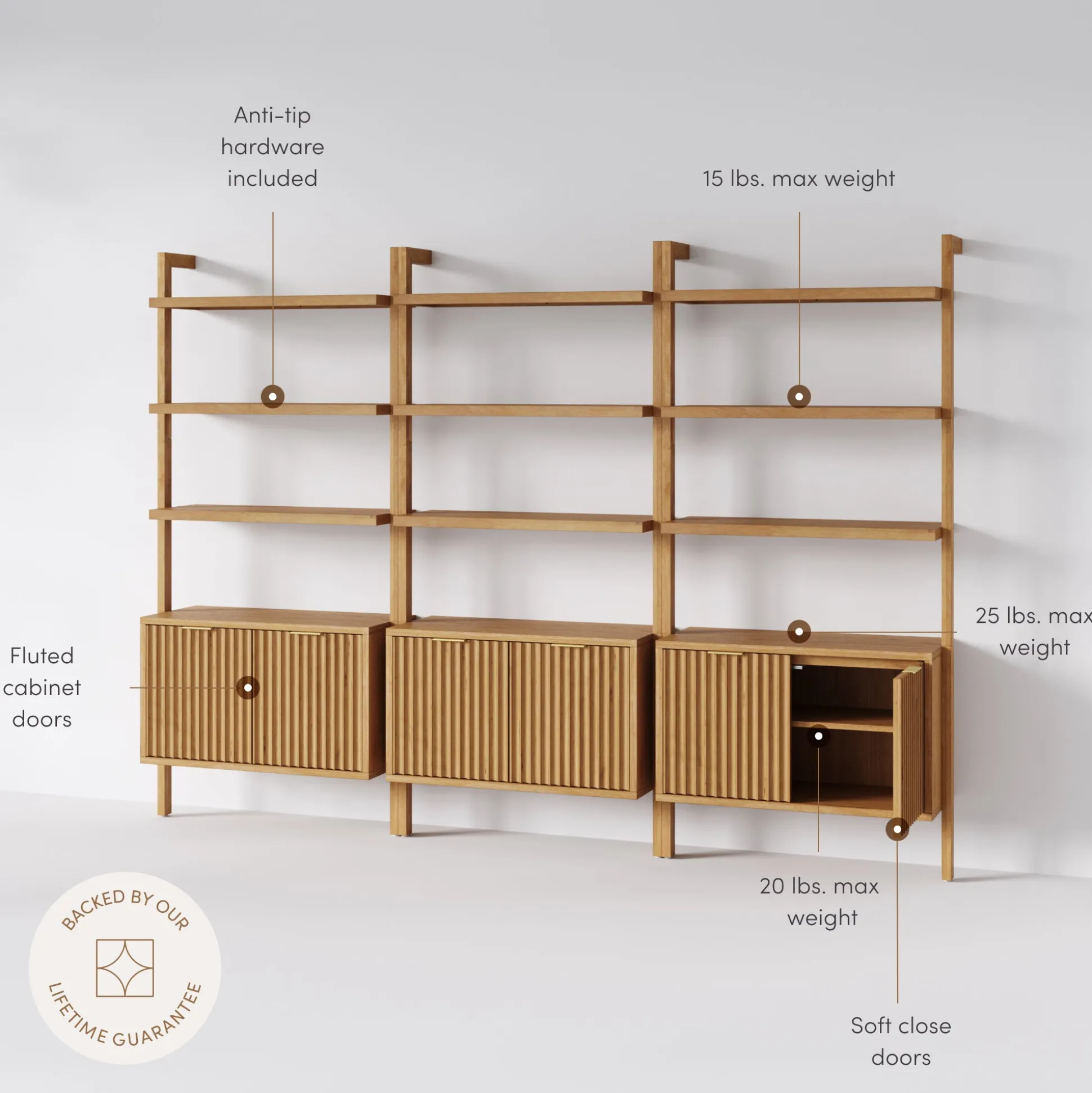 Mid-Century Fluted Wall Bookshelves with Doors Warm Pine (Set of 3)