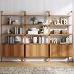 Mid-Century Fluted Wall Bookshelves with Doors Warm Pine (Set of 3)